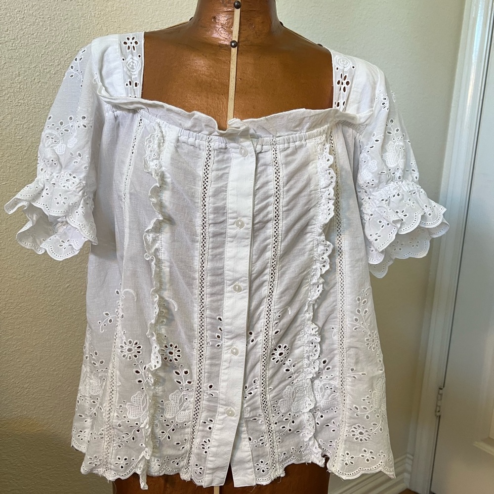 Anthropologie White Eyelet Ruffle Button-Front Blouse